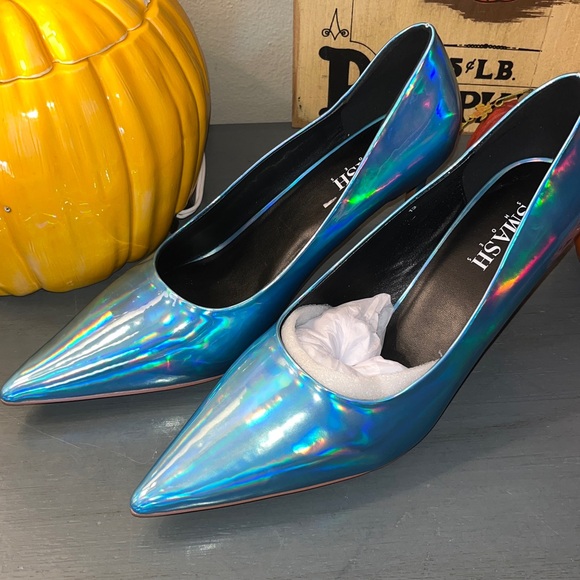 SMASH SHOES Women's Sophia Pointed Toe Pumps In Blue Holographic Heels sz 13 NIB - Picture 4 of 15